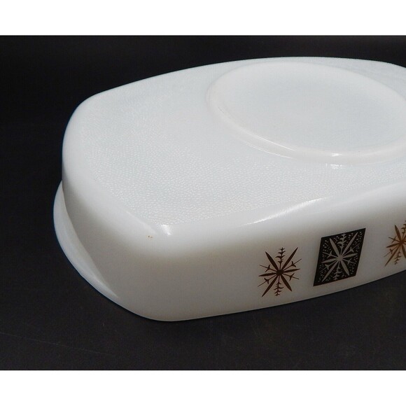 Federal Glass Baking Dish 11 Inch Atomic Starburst Milk Glass Gold Black - Picture 9 of 9